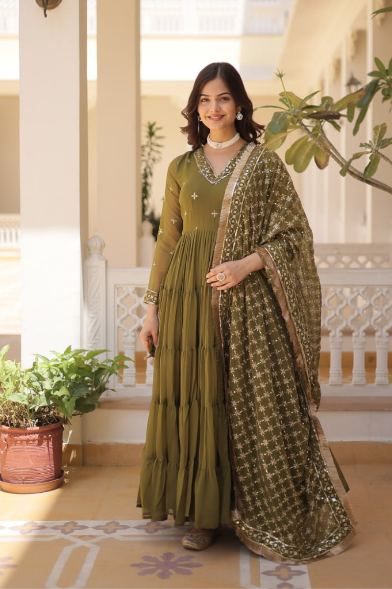 Fake Meahndi Georgette Gown Embroidered with Dupatta Sequins