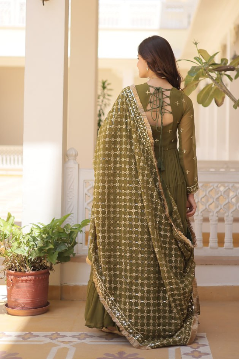 Fake Meahndi Georgette Gown Embroidered with Dupatta Sequins