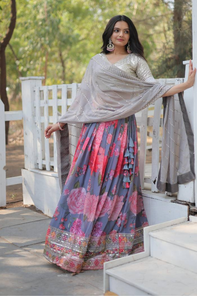 Digitally Printed Faux Multicolor Georgette Lehanga Dupatta with Choli