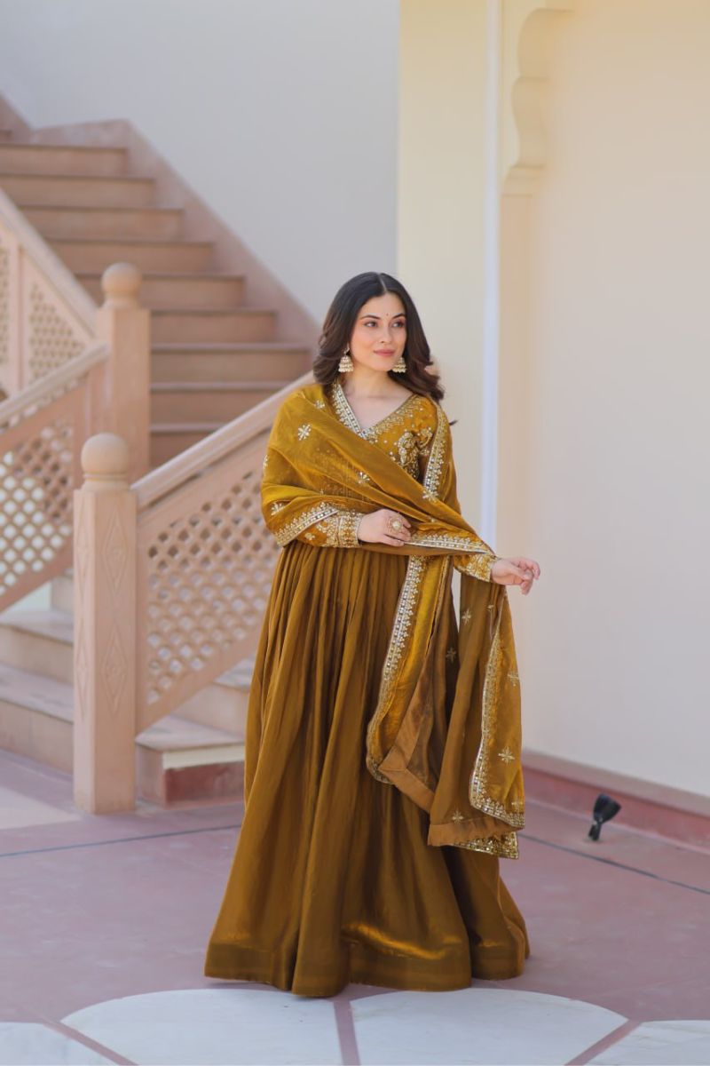 Mustard Fendy Fabric Gown with Embroidered Work and Dupatta Sequins
