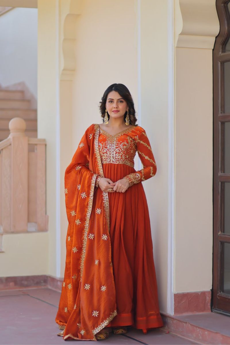 Orange Fendy Fabric Gown with Embroidered Work and Dupatta Sequins