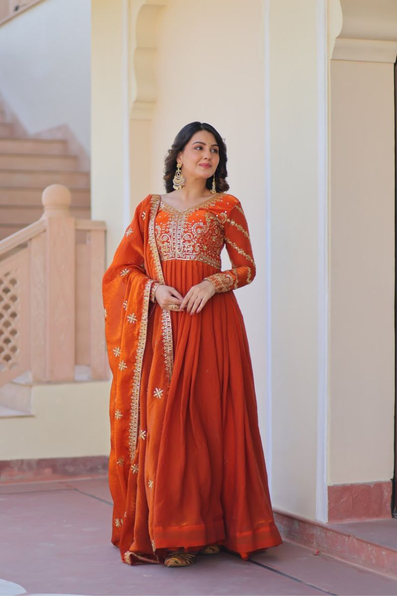 Orange Fendy Fabric Gown with Embroidered Work and Dupatta Sequins