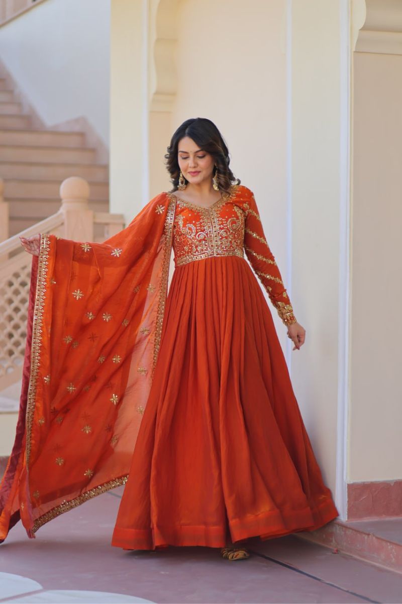 Orange Fendy Fabric Gown with Embroidered Work and Dupatta Sequins