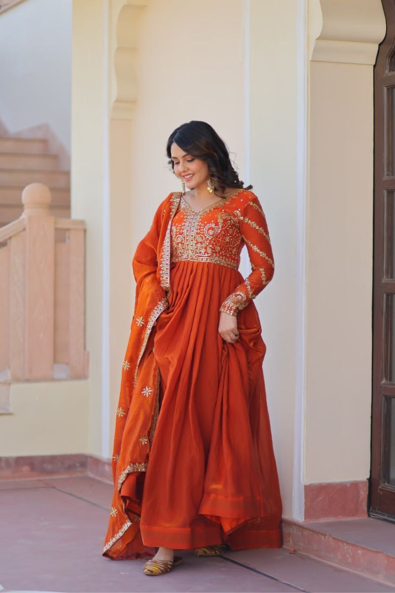 Orange Fendy Fabric Gown with Embroidered Work and Dupatta Sequins