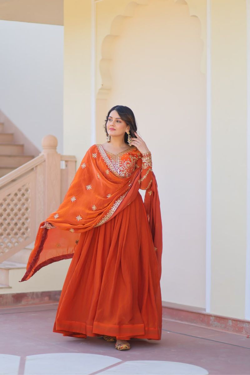 Orange Fendy Fabric Gown with Embroidered Work and Dupatta Sequins