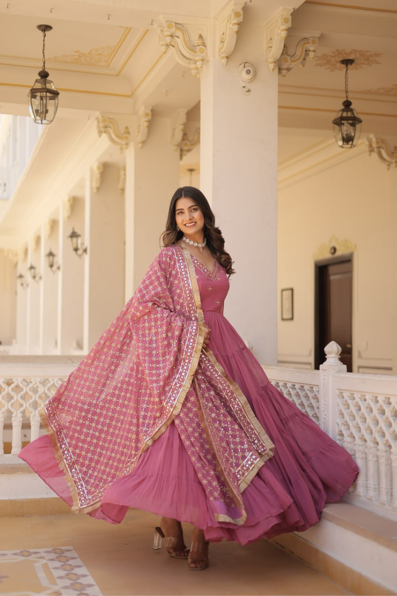 Faux Peach Georgette Gown Embroidered with Dupatta Sequins