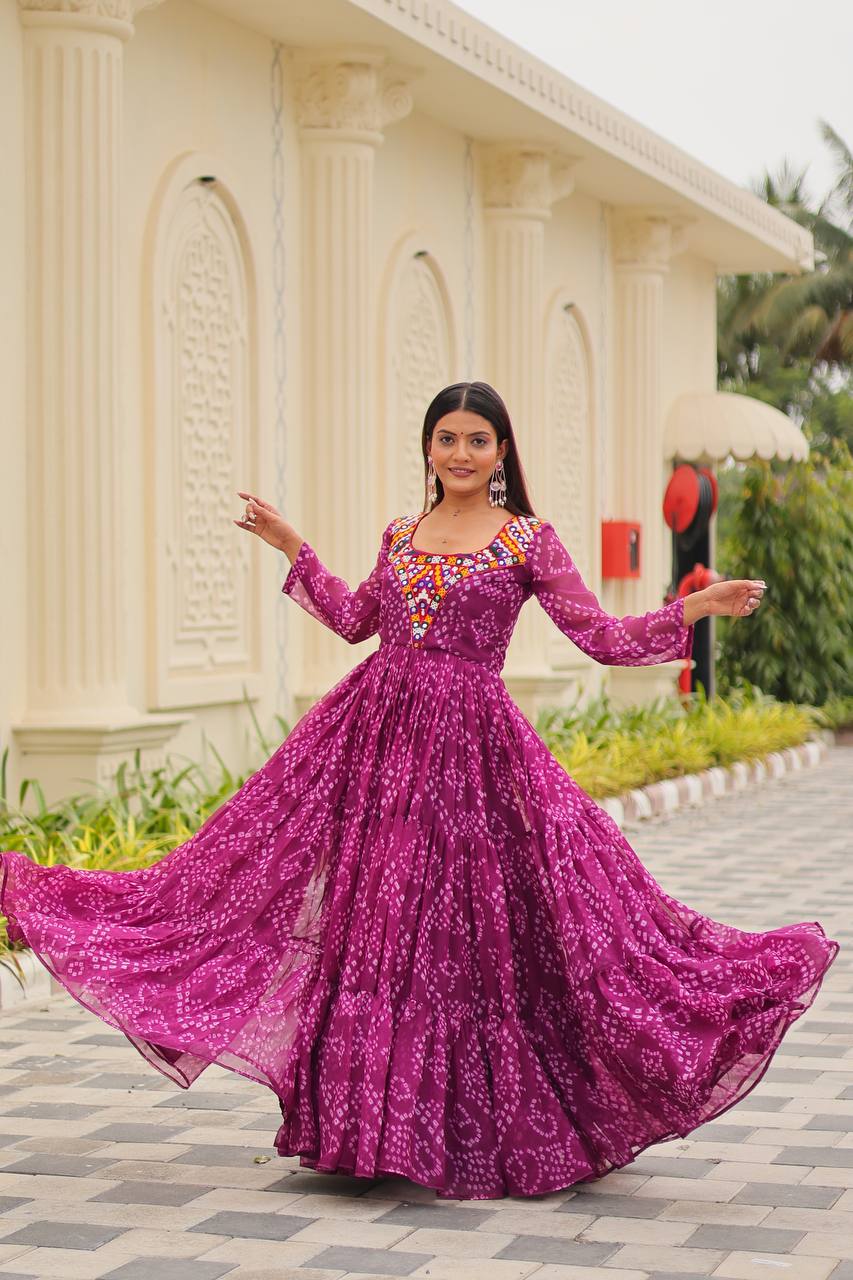 Festive Purple Bandhani Print Georgette Gown