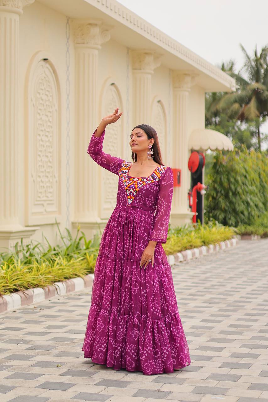Festive Purple Bandhani Print Georgette Gown
