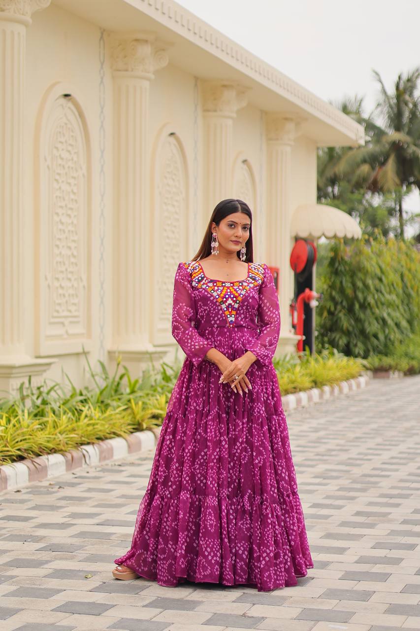 Festive Purple Bandhani Print Georgette Gown