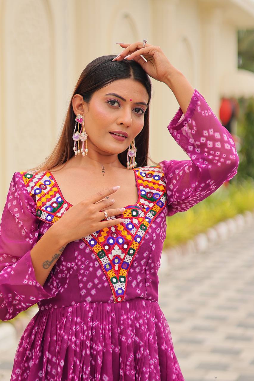 Festive Purple Bandhani Print Georgette Gown