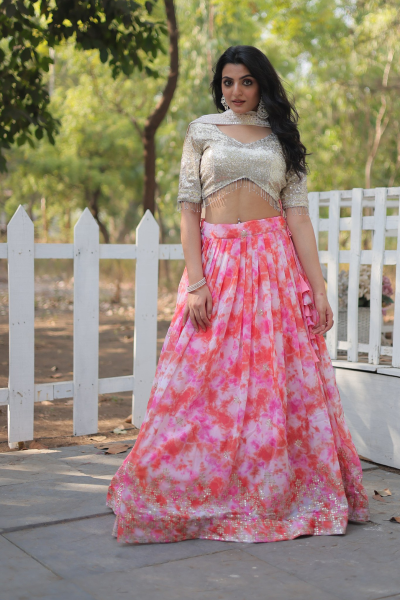 Pink Lehanga Choli Dupatta Set with Digitally Printed Faux Georgette