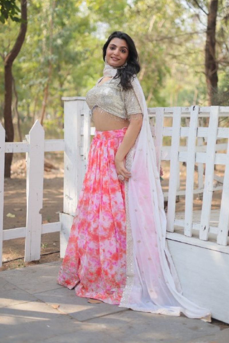 Pink Lehanga Choli Dupatta Set with Digitally Printed Faux Georgette