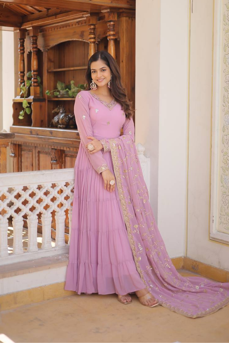 Pink Faux Georgette Dress with Embroidered Dupatta