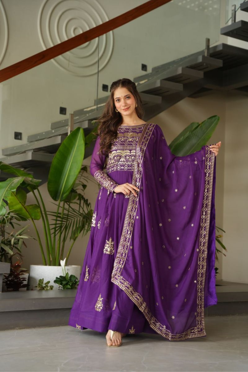 Gown Made of Purple Chinnon Fabric with Embroidered Dupatta