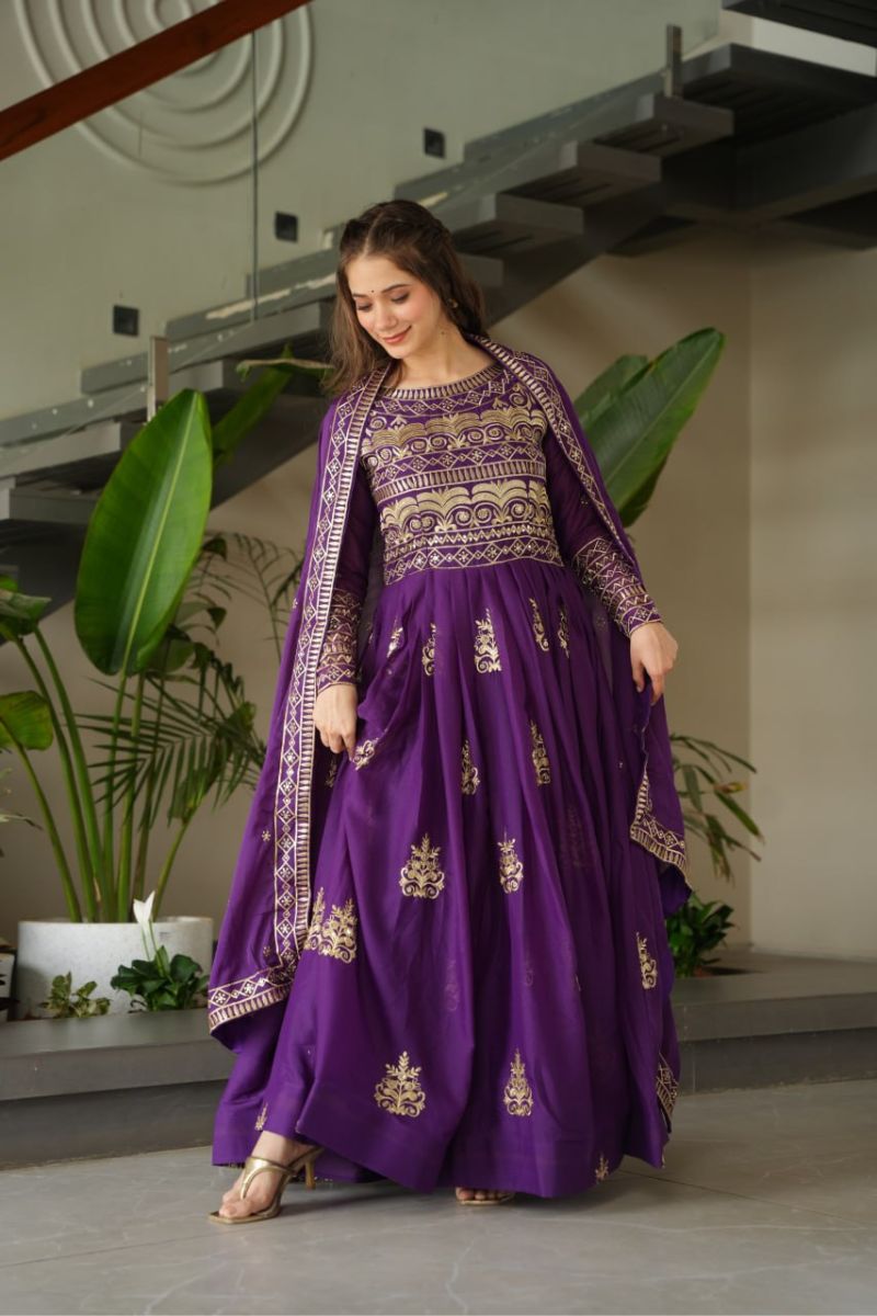 Gown Made of Purple Chinnon Fabric with Embroidered Dupatta