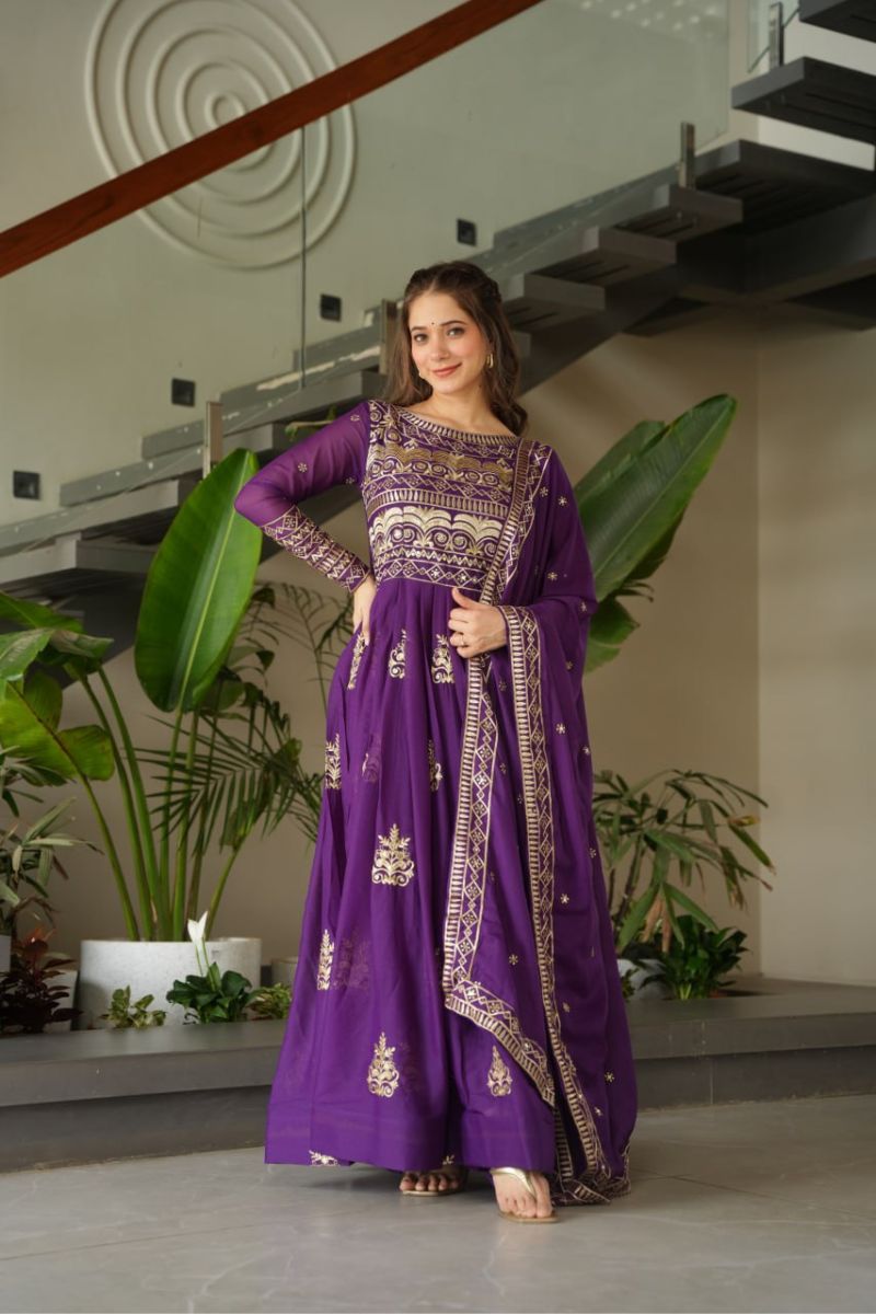 Gown Made of Purple Chinnon Fabric with Embroidered Dupatta