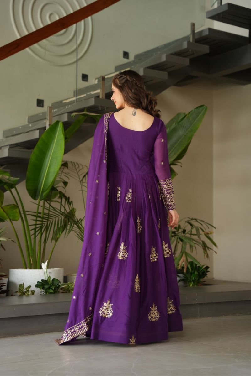 Gown Made of Purple Chinnon Fabric with Embroidered Dupatta