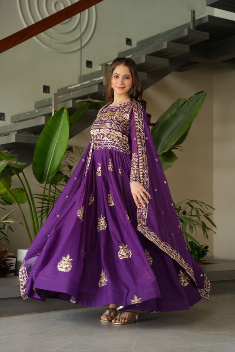 Gown Made of Purple Chinnon Fabric with Embroidered Dupatta