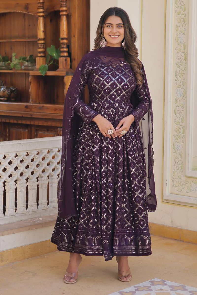 Purple Anarkali Gown With Dupatta Faux Blooming
