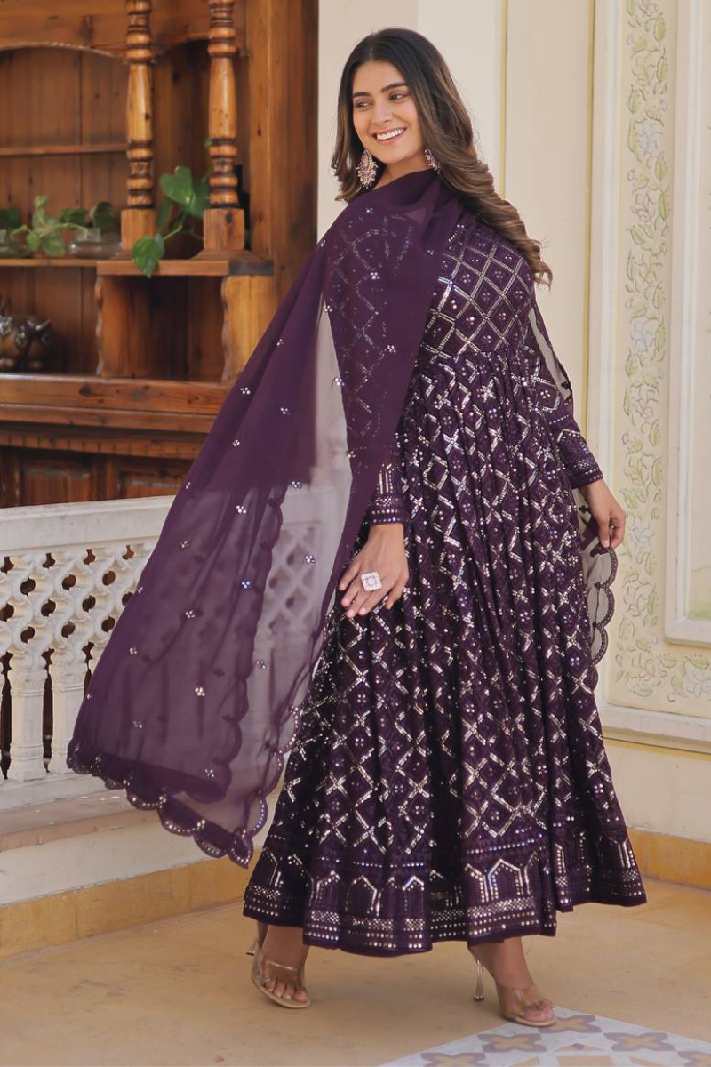 Purple Anarkali Gown With Dupatta Faux Blooming