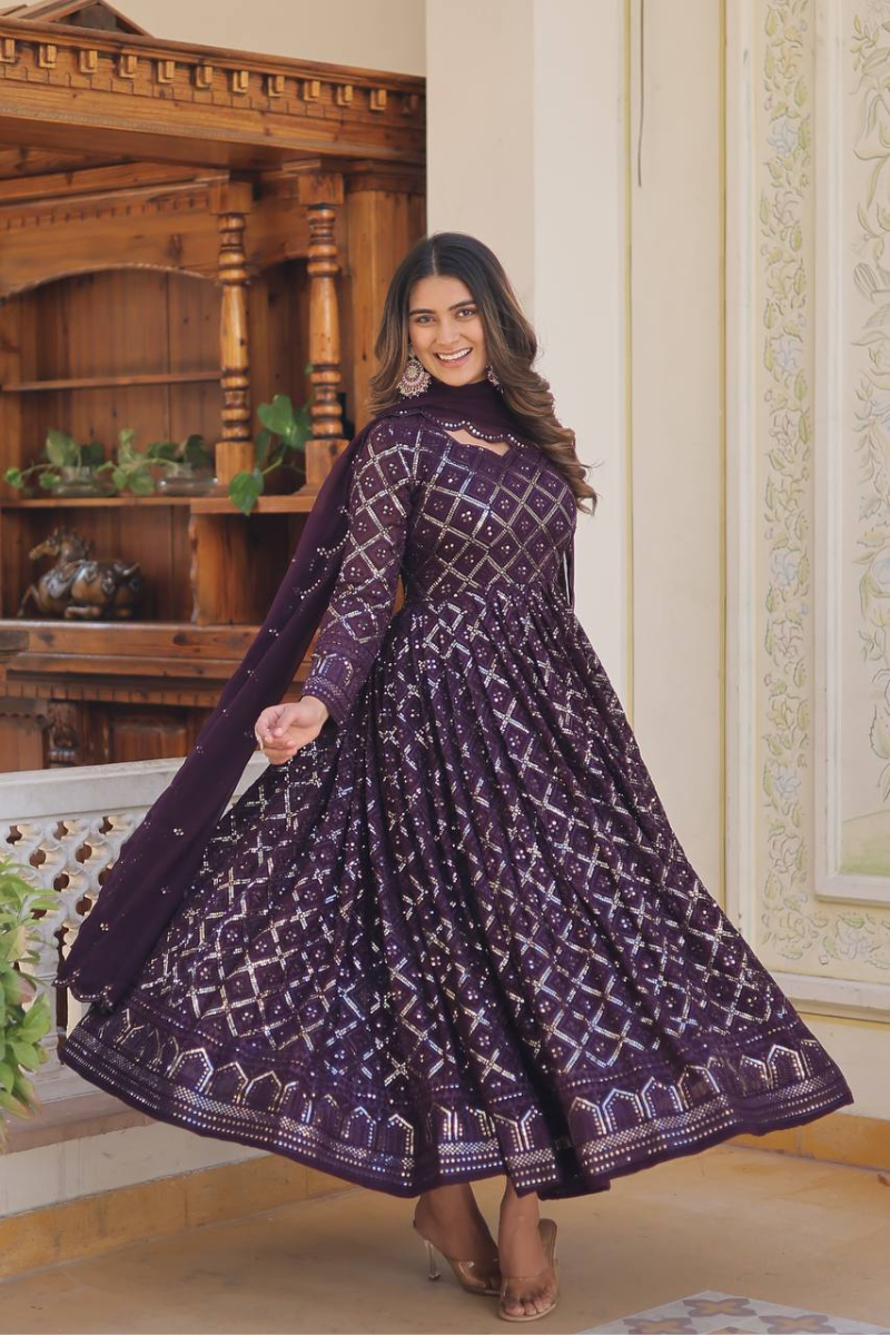 Purple Anarkali Gown With Dupatta Faux Blooming