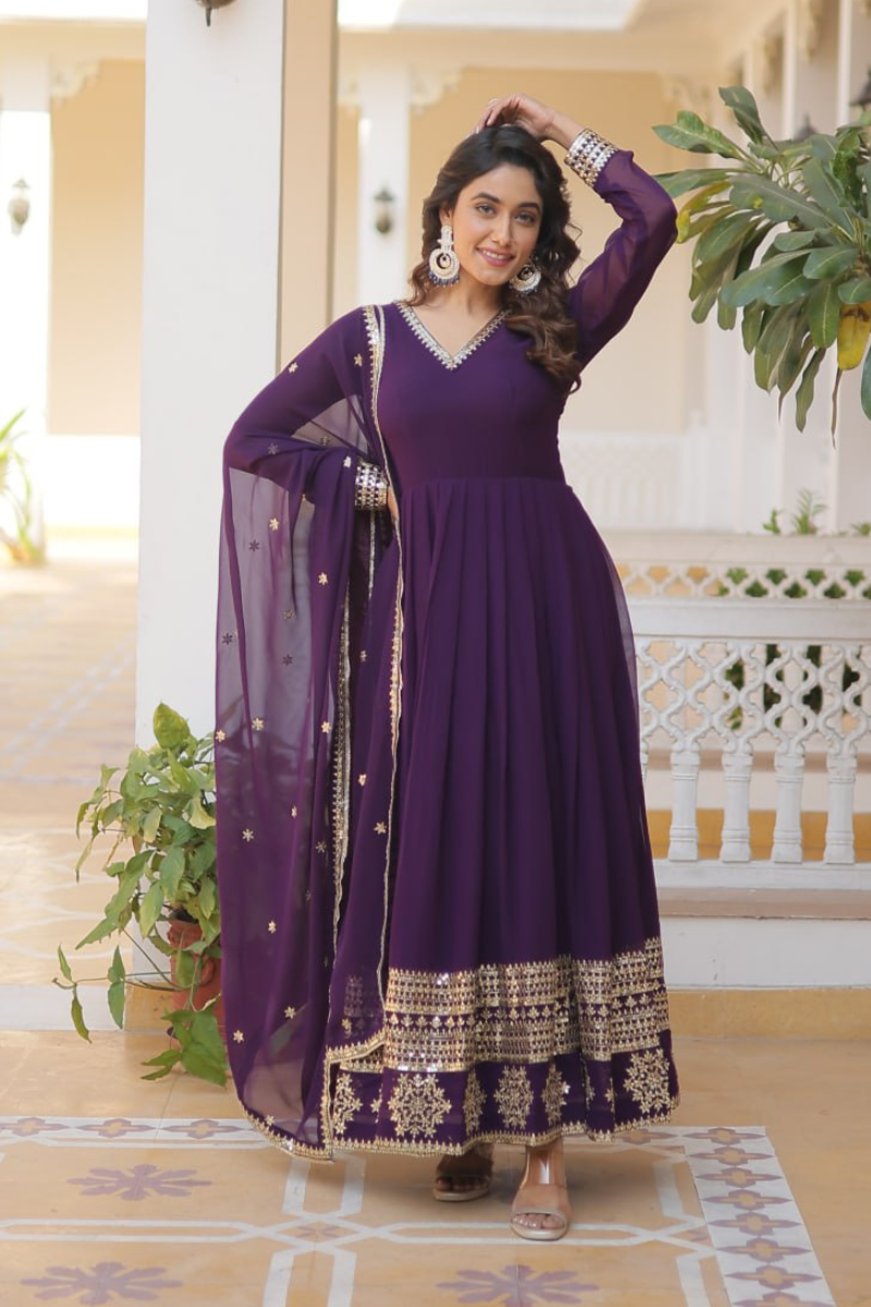 Purple Fake Blooming Georgette Dress with Embroidered Dupatta