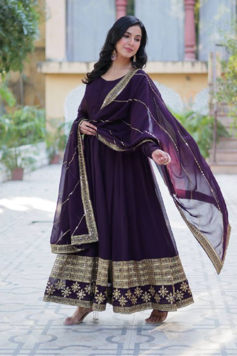 Purple Faux Flower Gown with Multi-Sequin Dupatta