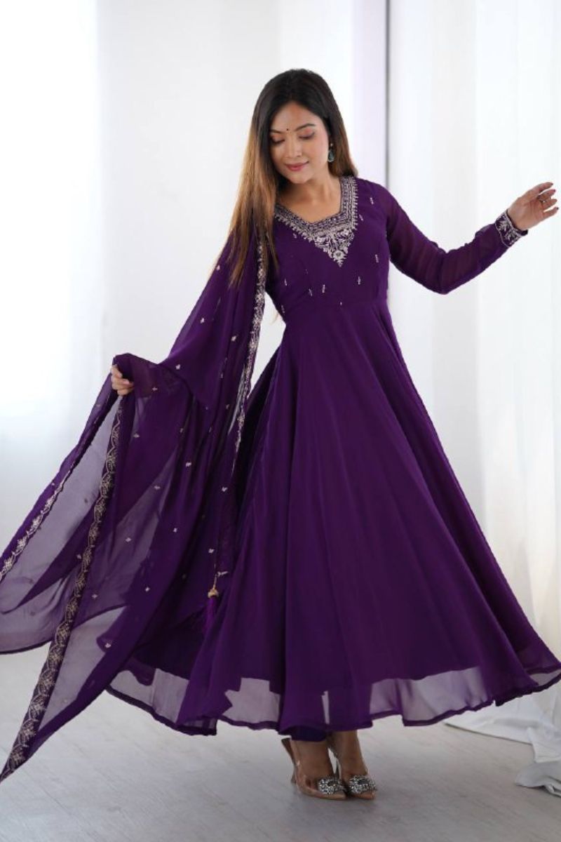 Pure Soft, Heavy Purple Anarkali Gown Dupatta Set in Georgette