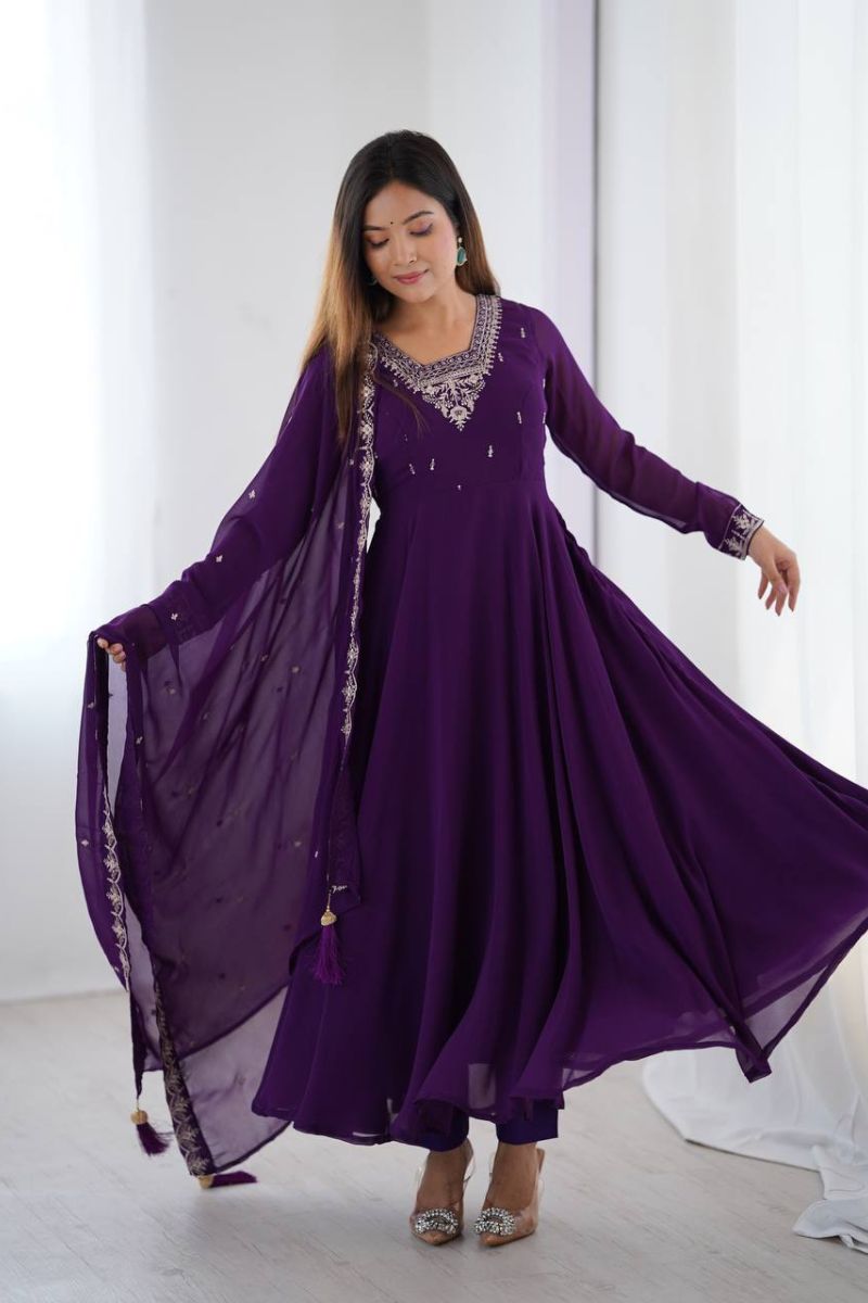 Pure Soft, Heavy Purple Anarkali Gown Dupatta Set in Georgette