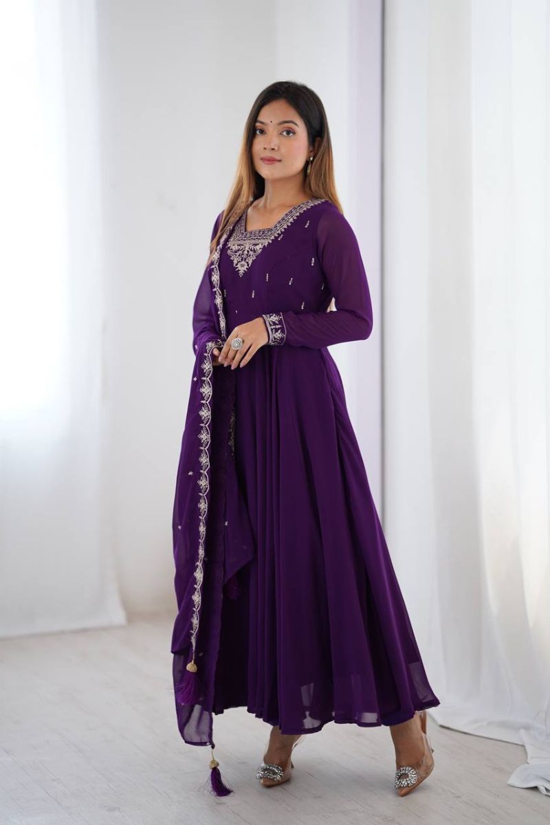 Pure Soft, Heavy Purple Anarkali Gown Dupatta Set in Georgette