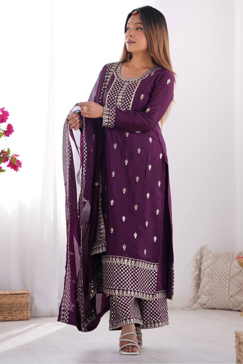 Kurta Pant Dupatta Set in Purple, Heavy, Pure Soft Georgette.