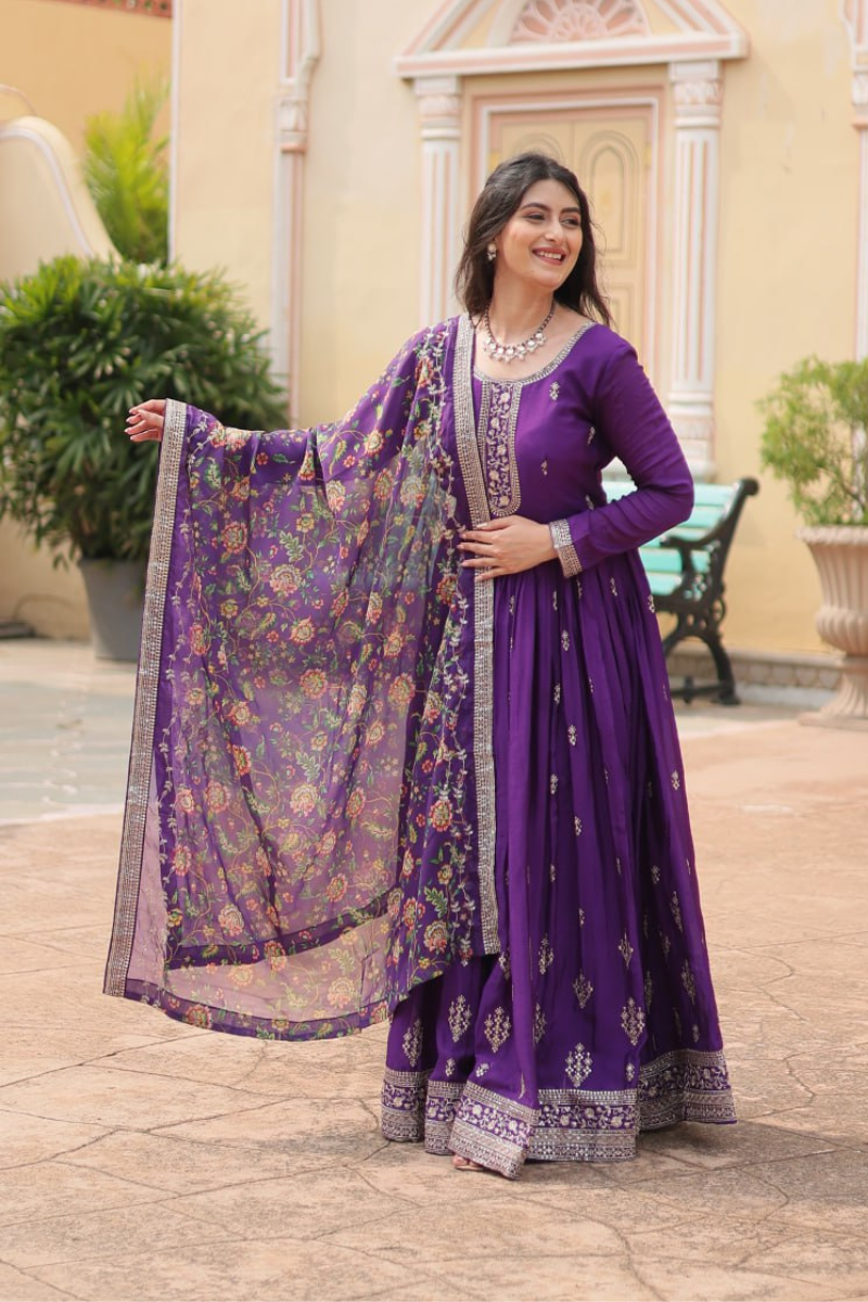 Tebby Silk Gown with Dupatta Printed with Purple Kalamkari