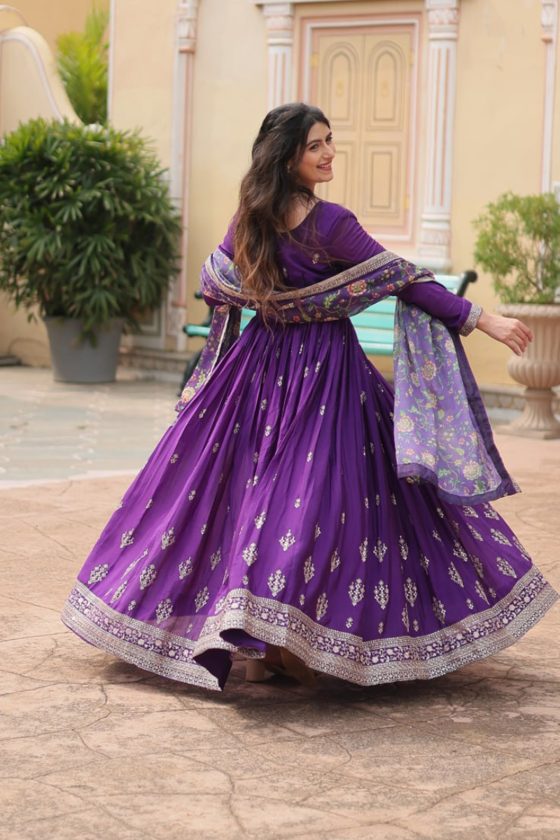 Tebby Silk Gown with Dupatta Printed with Purple Kalamkari