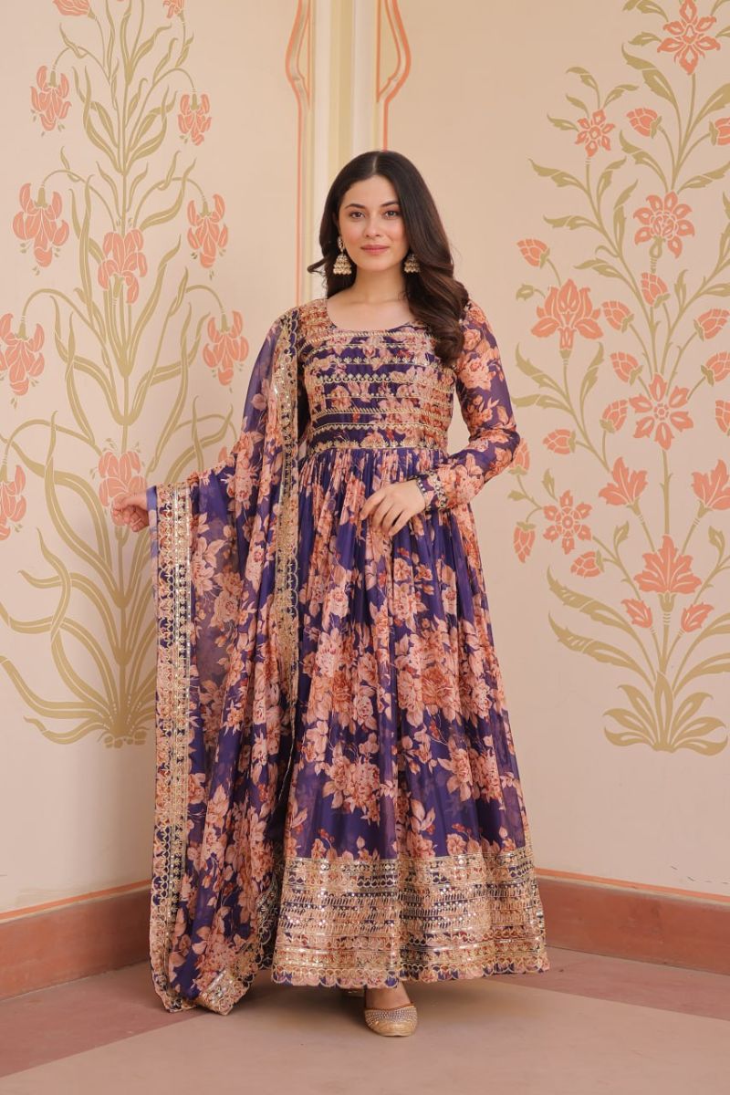 Rich Digital Print Purple Russian Silk Gown with Dupatta