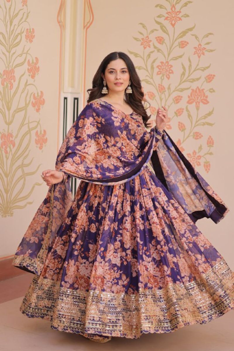 Rich Digital Print Purple Russian Silk Gown with Dupatta