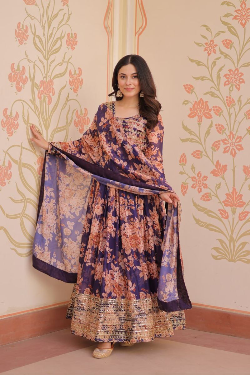 Rich Digital Print Purple Russian Silk Gown with Dupatta