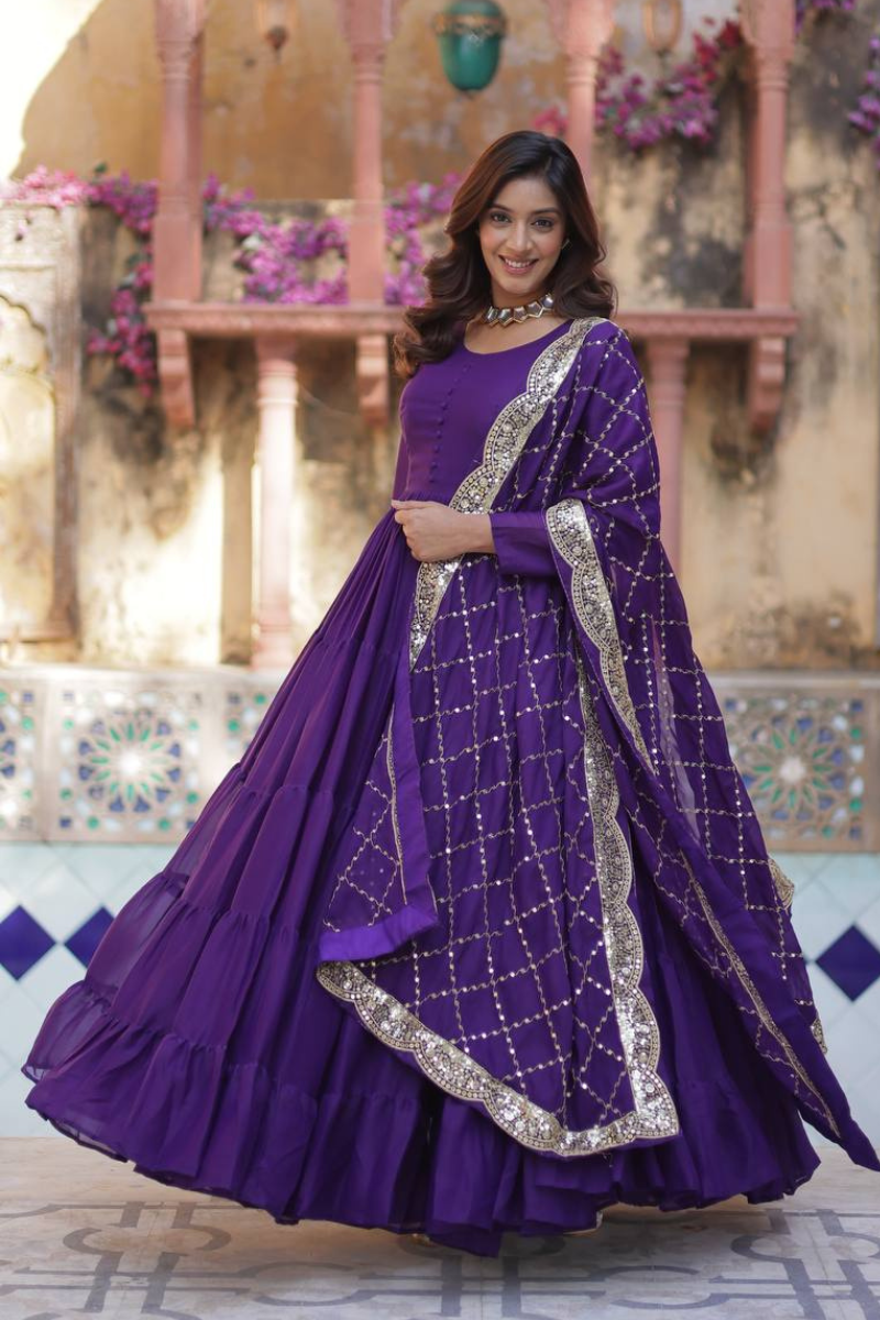 Purple Star Georgette Dress with Embroidered Duaptta