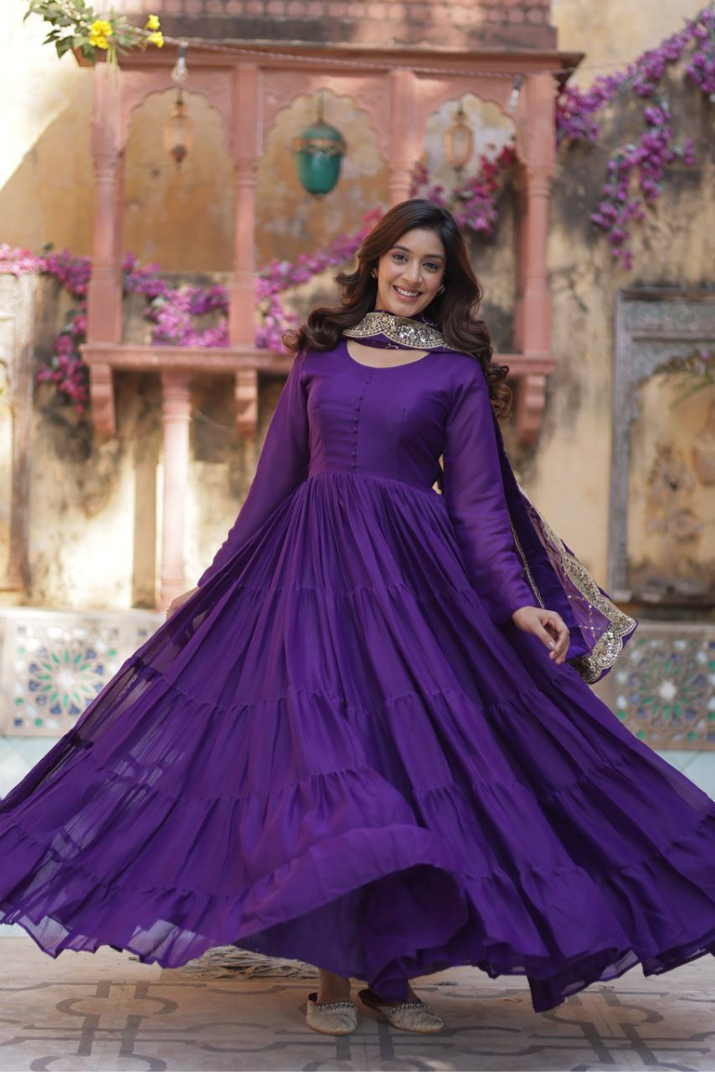 Purple Star Georgette Dress with Embroidered Duaptta