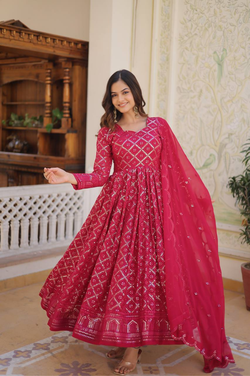 Anarkali Gown with Dupatta in a Faux Blooming Style
