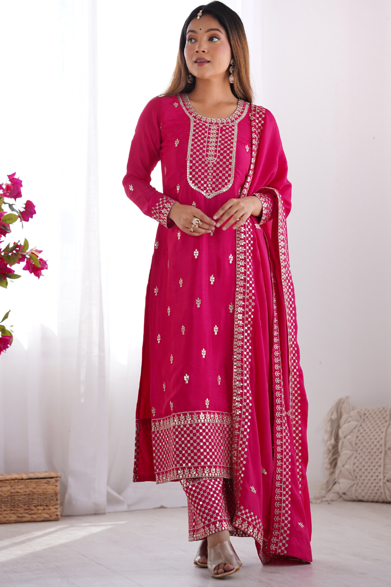 Rani Kurta Dupatta Pant Set in Pure Chinon Silk Fabric