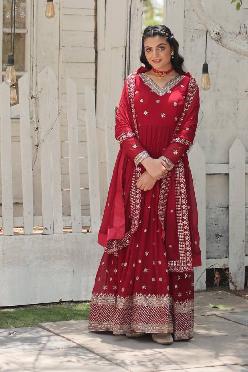 Anarkali gown with dupatta set in red faux bloom