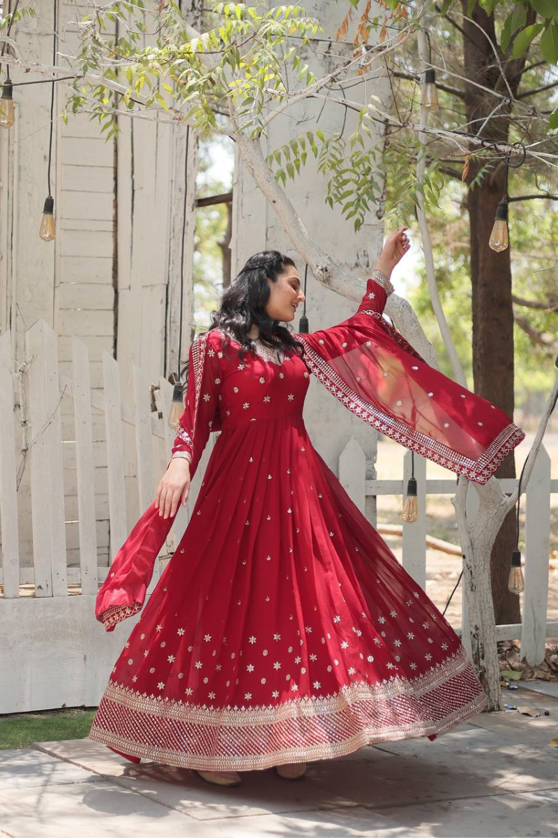 Anarkali gown with dupatta set in red faux bloom