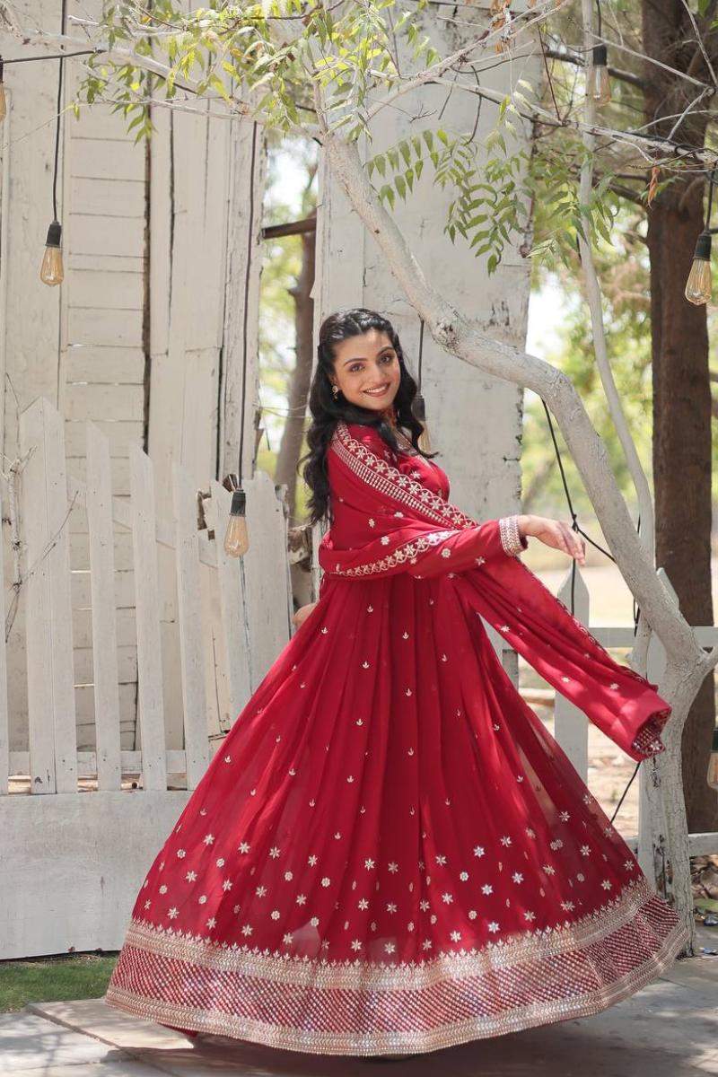 Anarkali gown with dupatta set in red faux bloom