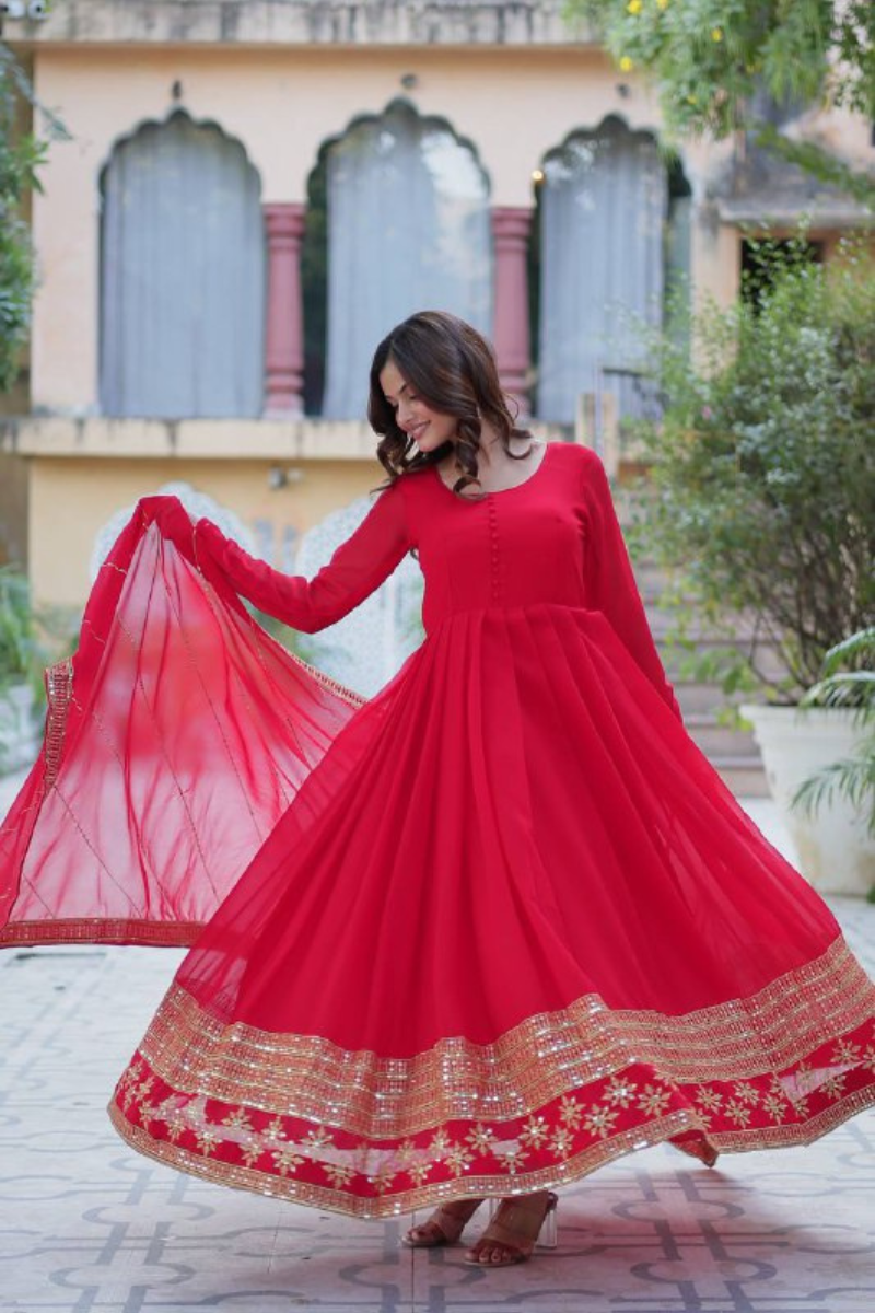Red Fake Blooming Gown with Multi-Sequin Dupatta