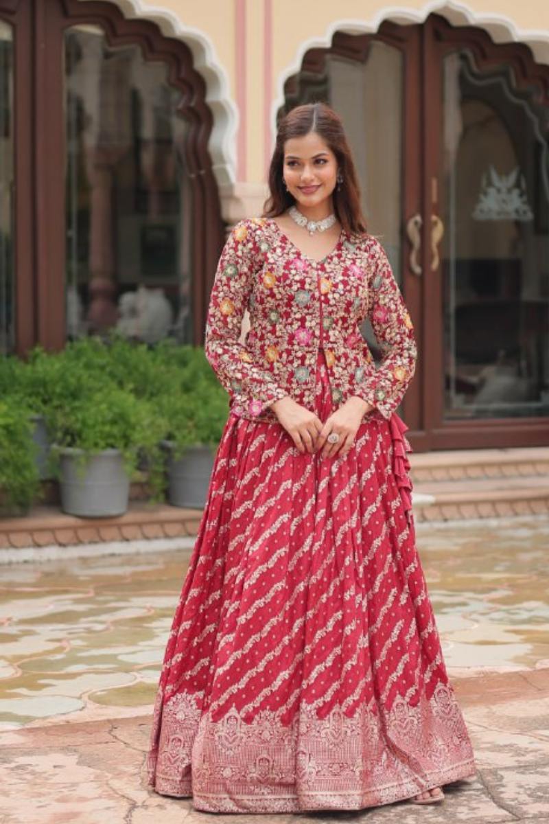 Embroidered Red Pure Dayble Viscose Jequard Lehanga Top Set