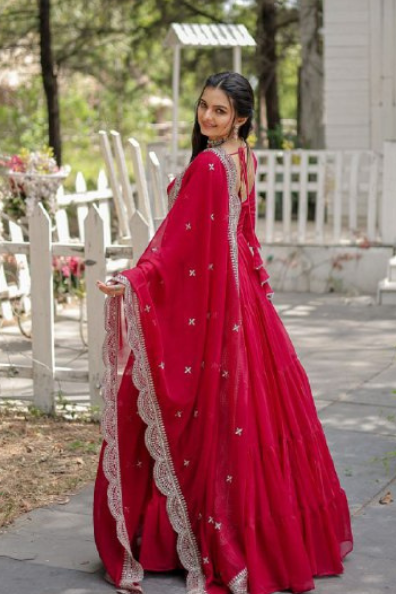 Full-flared, red, faux-flowering gown with dupatta