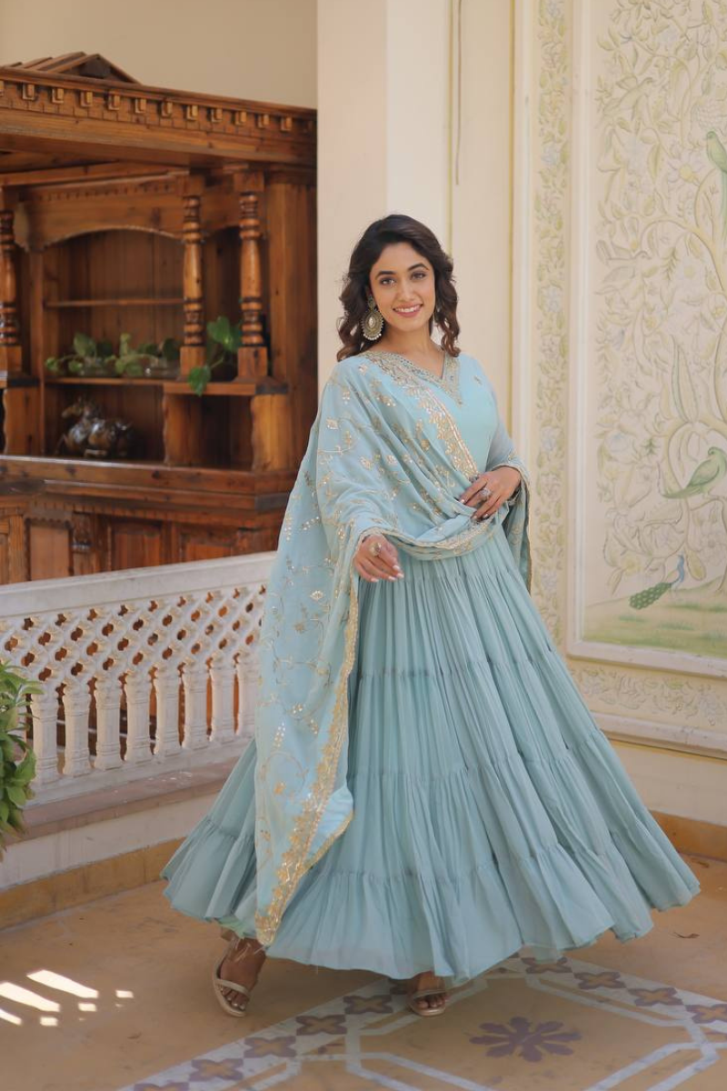 Faux Sky Blue Georgette Dress with Embroidered Dupatta