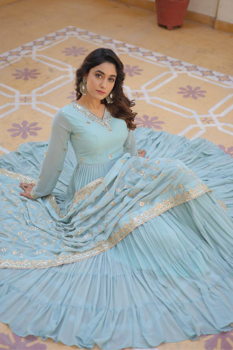 Faux Sky Blue Georgette Dress with Embroidered Dupatta