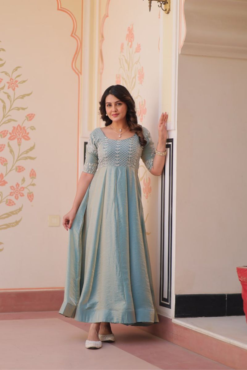 Sky Blue Fendy Gown with Embroidered Dupatta Suit Set.