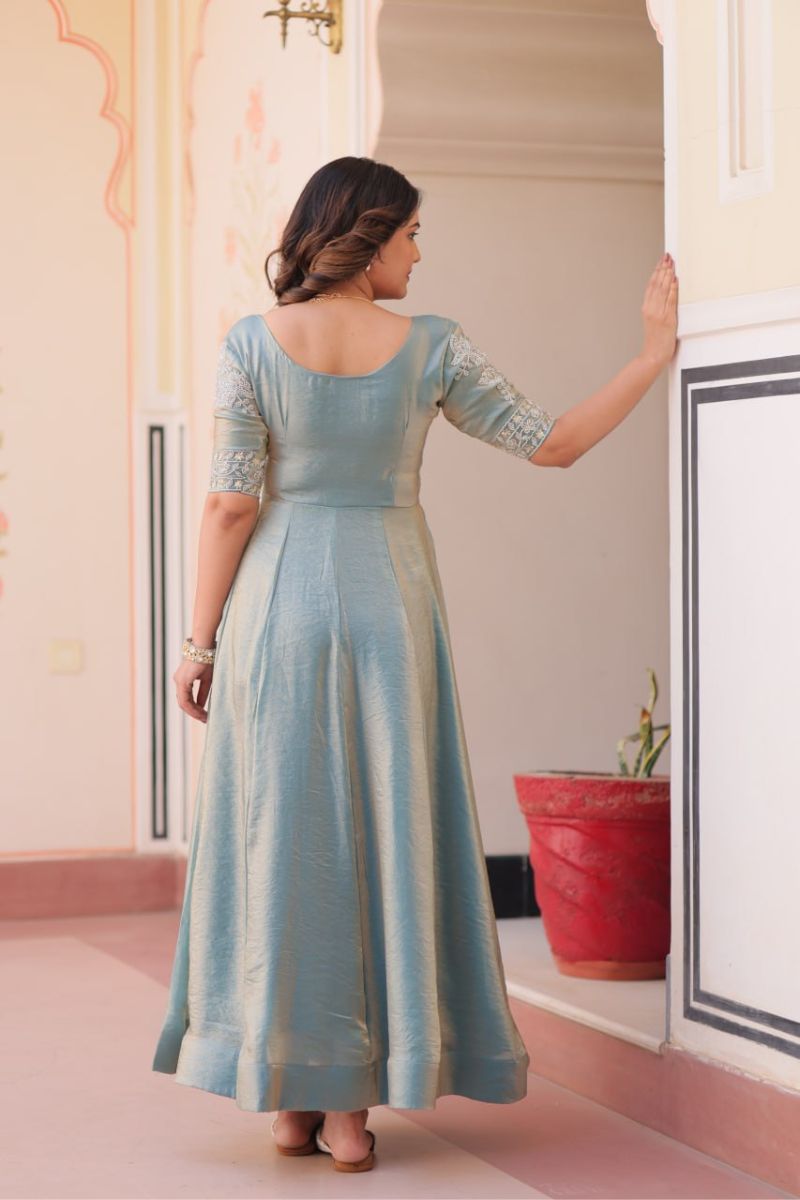 Sky Blue Fendy Gown with Embroidered Dupatta Suit Set.